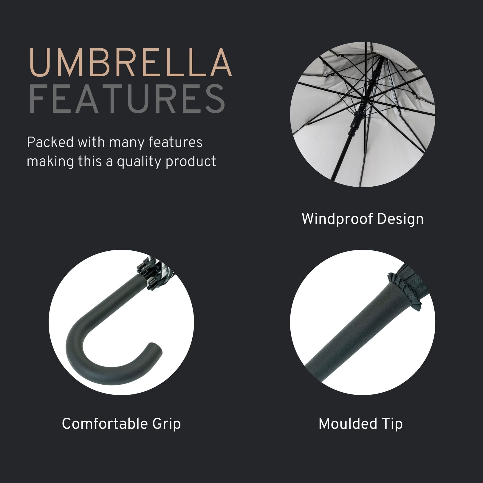 Infographic showing features of Classic Black Pagoda Umbrella