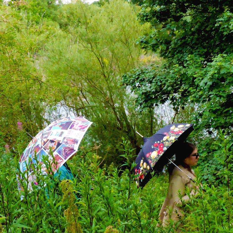 Cityscape Walking Umbrella and Floral Pagoda umbrella in the jungle