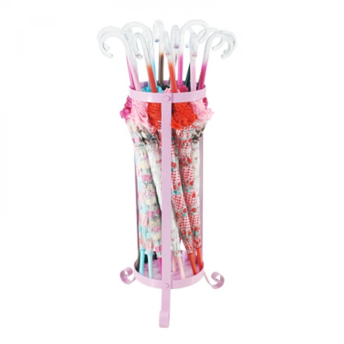 metal umbrella stand pink in use