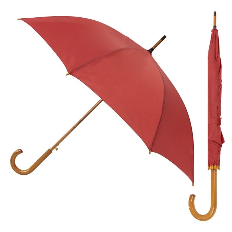 Red wood stick umbrella opened