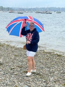 Beverley McAlister sporting proudly her Union Jack Golf Umbrella