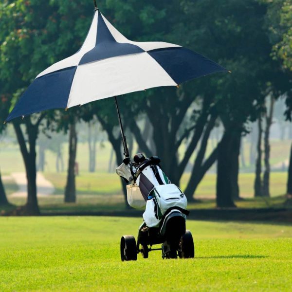 Big Top Blue And White Pagoda Golf Umbrella Attached To Golf Cart