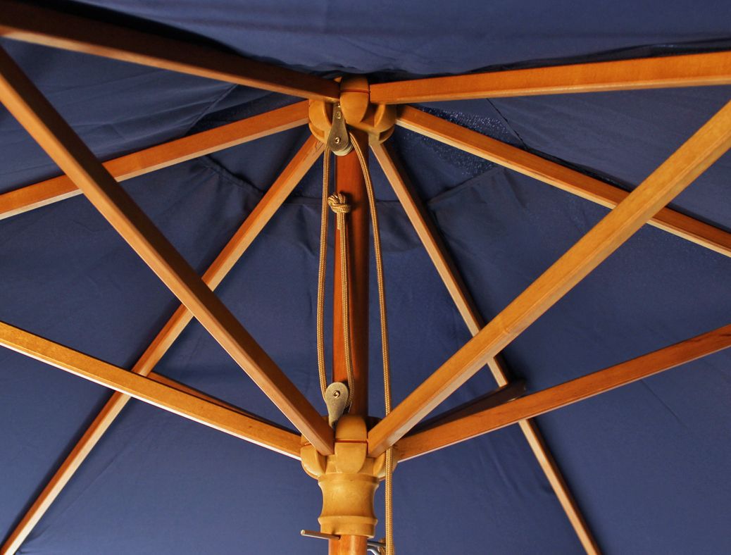 underside of blue 2.5m wood parasol