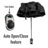 City Compact Silver Folding Umbrella Infographic Showing Auto Open and Close Feature