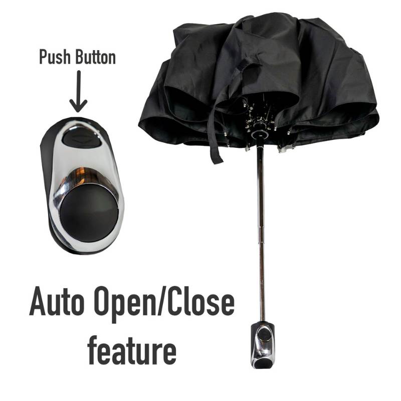 City Compact Silver Folding Umbrella Infographic Showing Auto Open and Close Feature