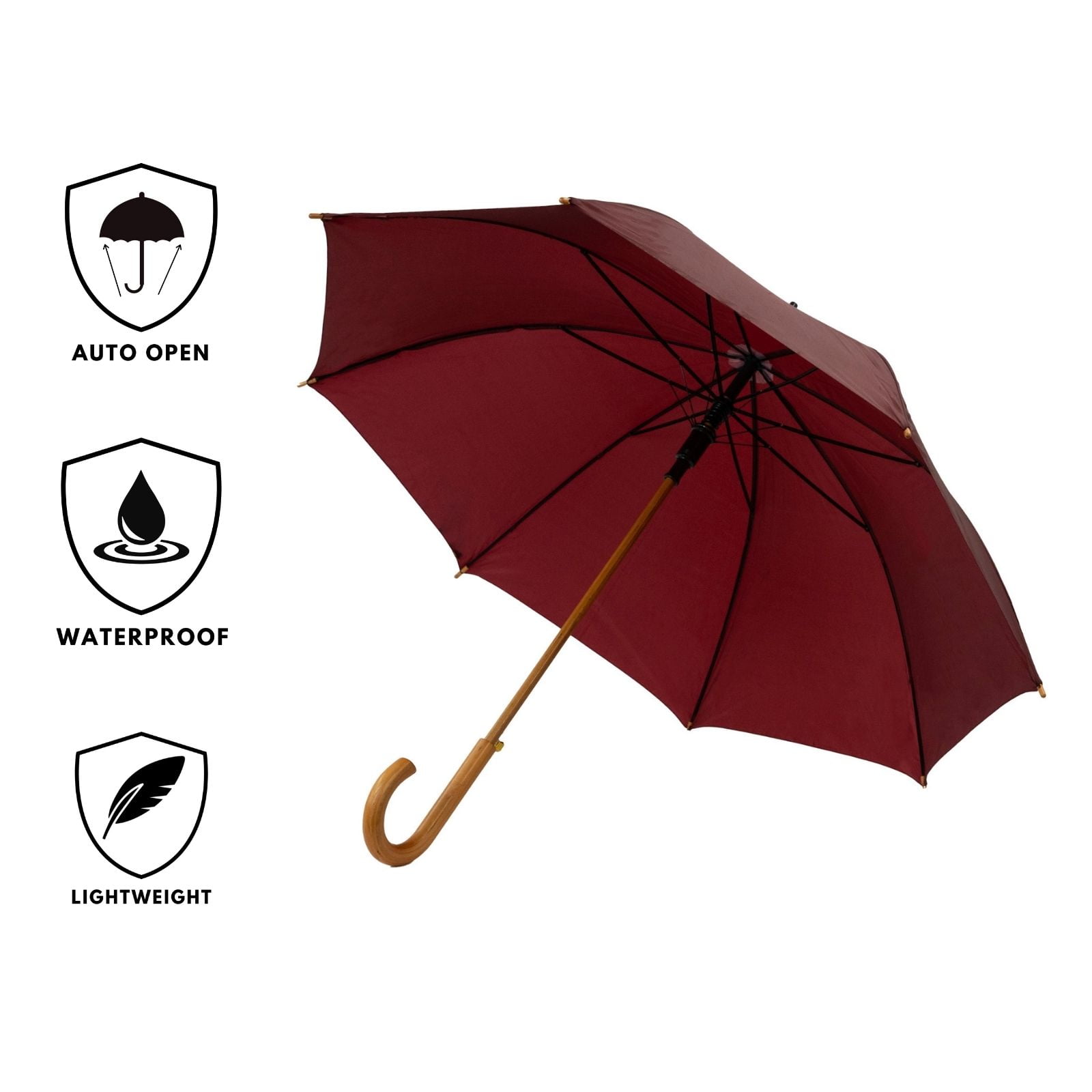 Maroon Wood Stick Umbrella features infographic