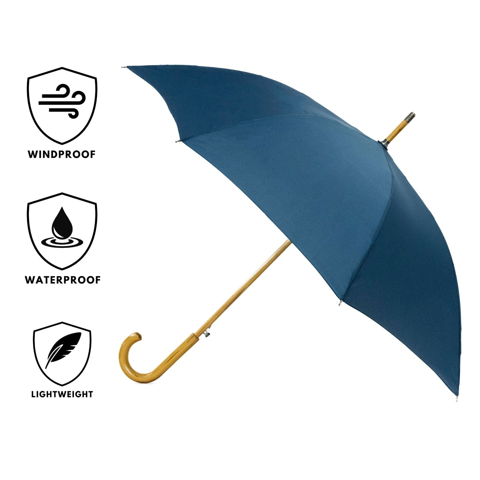 Warwick Dark Blue Windproof Walking Umbrella composite image showing it both open and closed