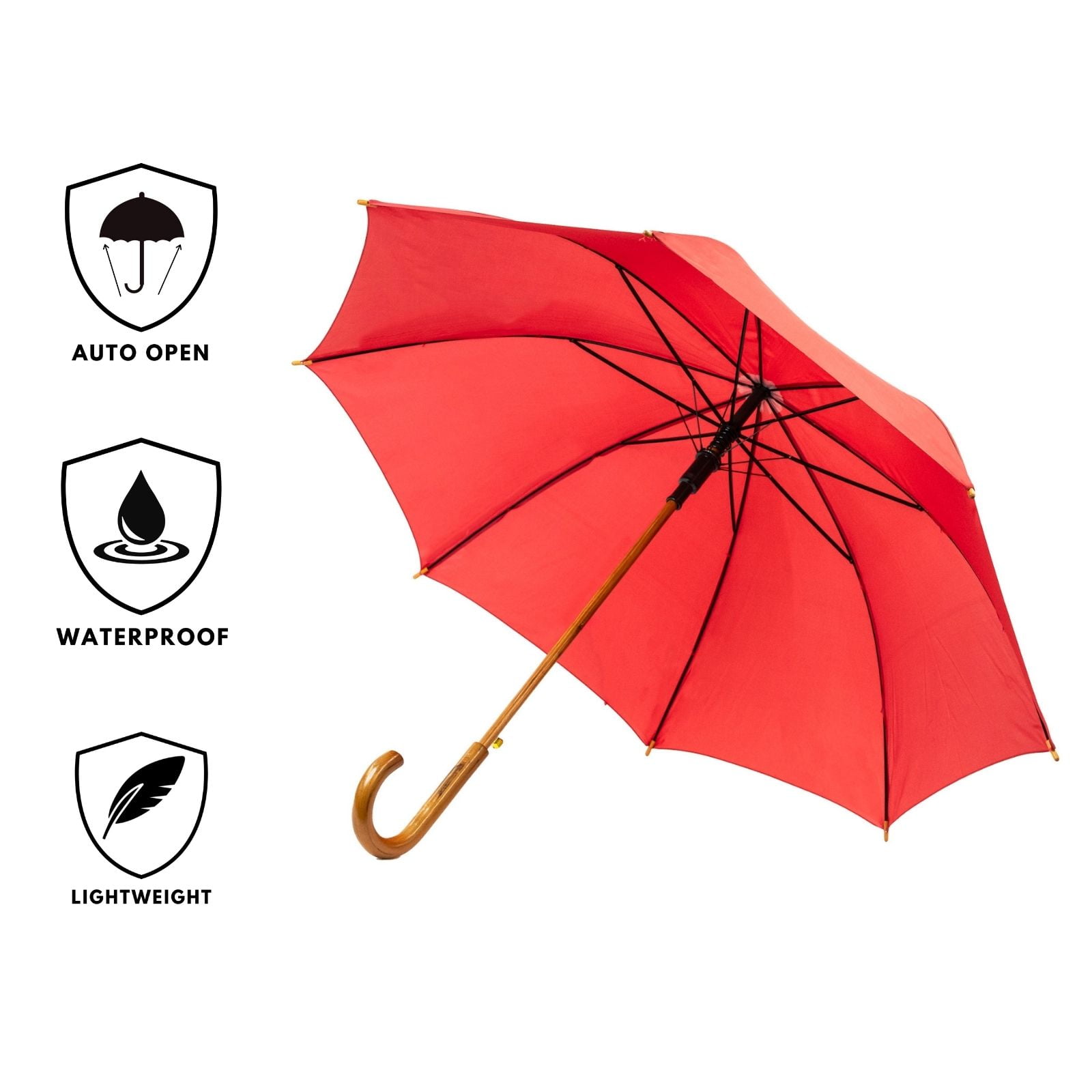 Red Wood Stick Umbrella features infographic