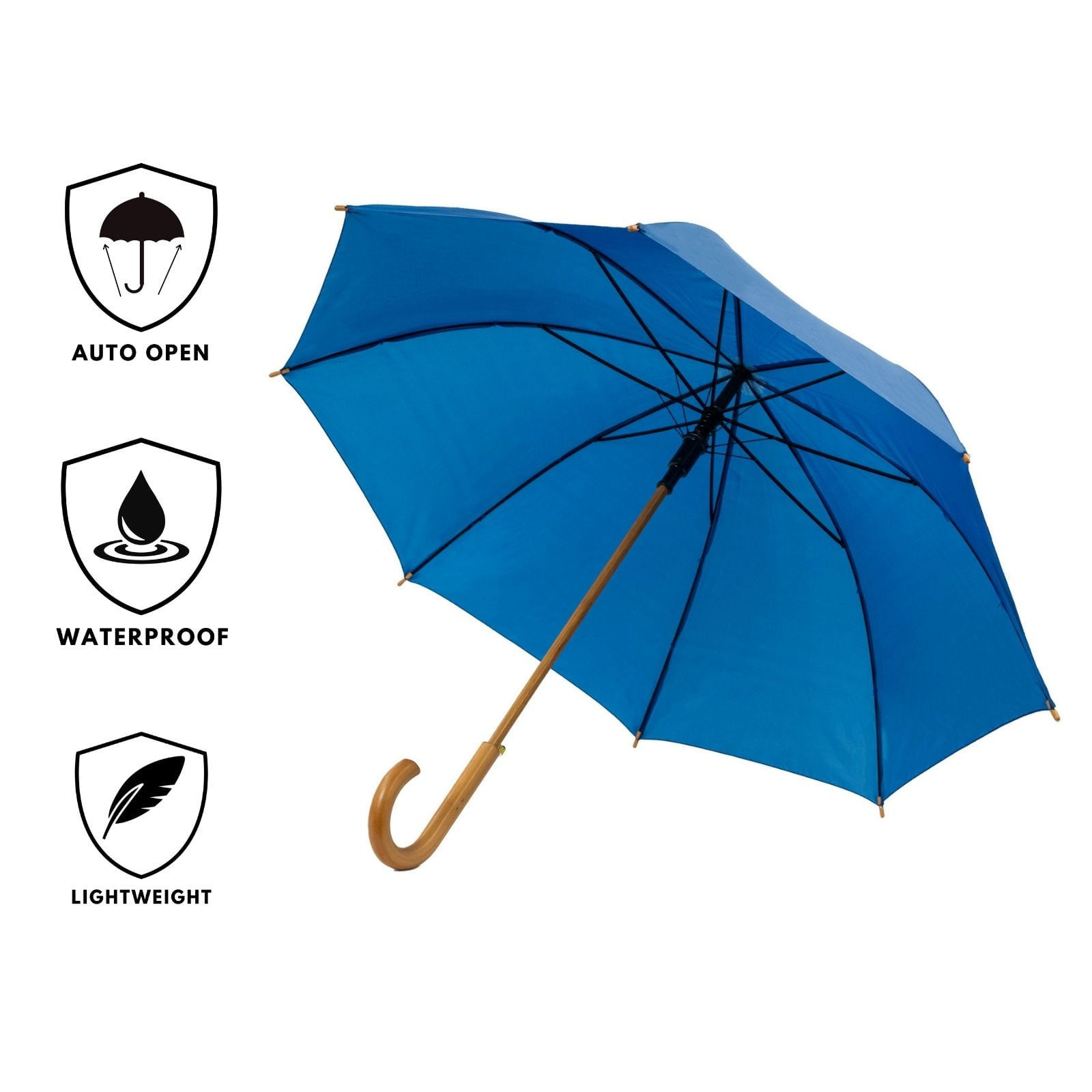 Blue Wood Stick Umbrella features infographic