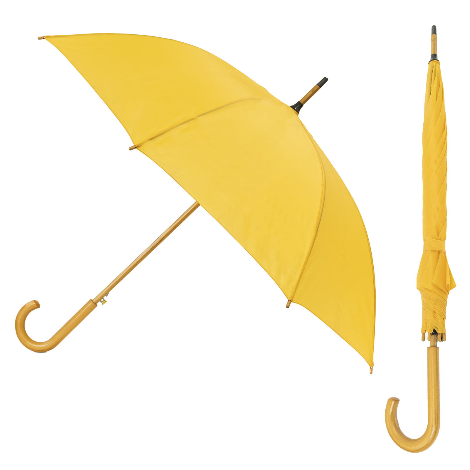 Mustard Yellow Wood Stick Umbrella composite image showing both open and closed