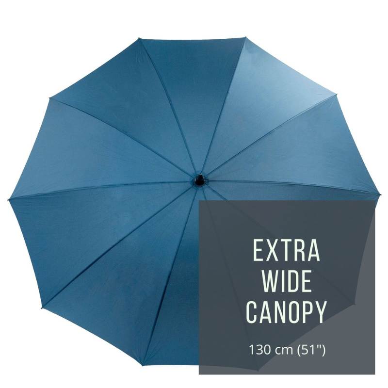 StormStar Windproof Navy Golf Umbrella infographic about extra wide canopy