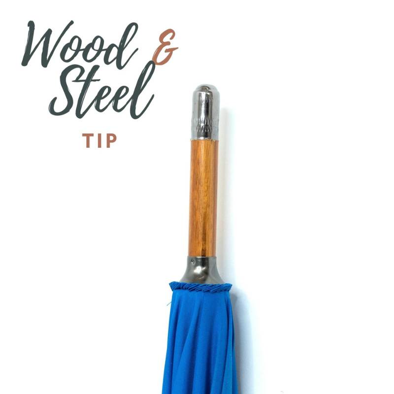 Warwick Mid Blue Windproof Walking Umbrella infographic on wood and steel tip