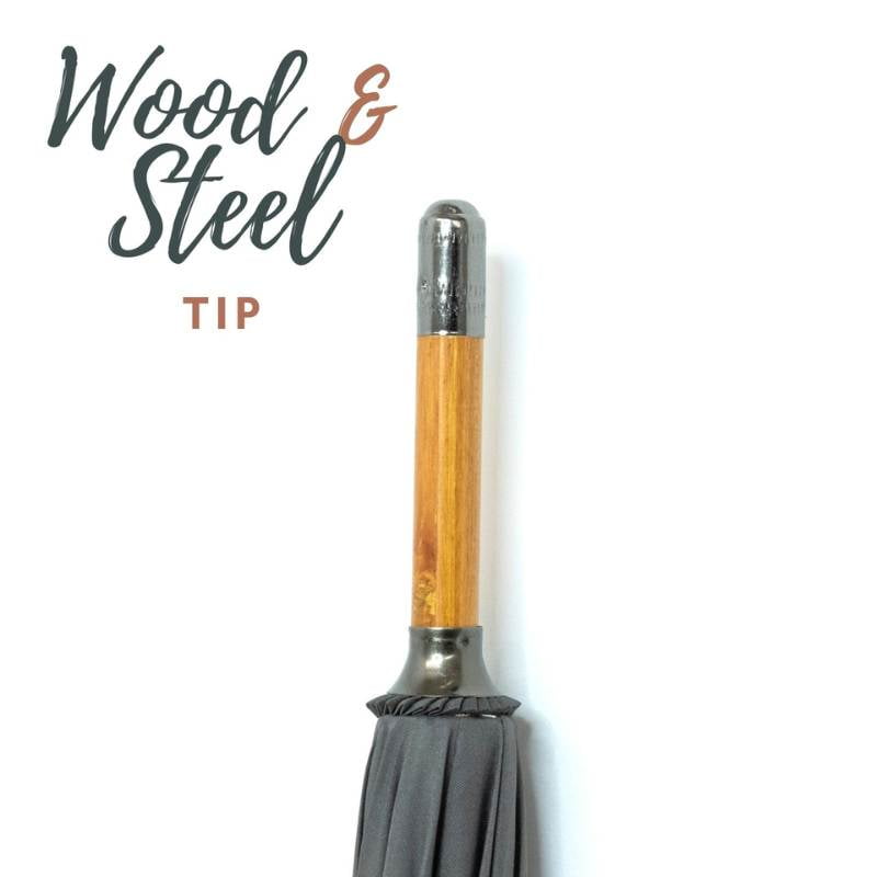 Warwick Grey Windproof Walking Umbrella infographic on wood and steel tip