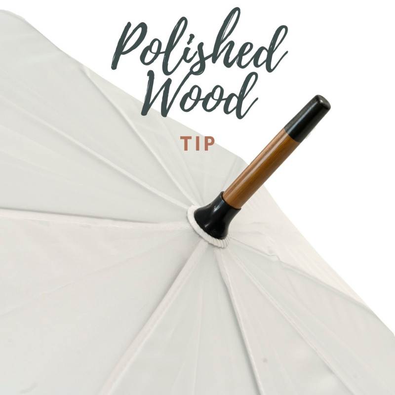 White Wood Stick Umbrella infographic featuring wooden tip