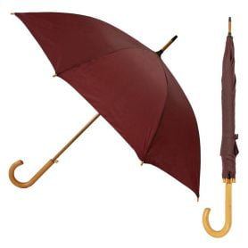 Maroon Wood Stick Umbrella composite image showing both open and closed