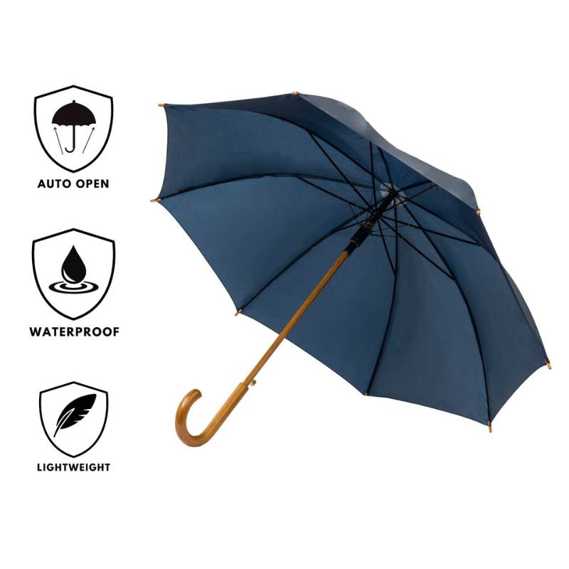 Navy Wood Stick Umbrella features infographic