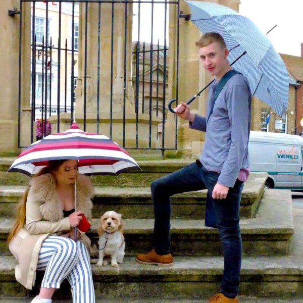 Checked Umbrellas - Fine Checked Blue Avila Designer Umbrella On The Steps