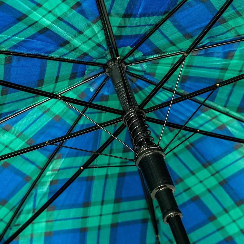 Green and Blue Tartan Walking Umbrella - close-up of underside and frame