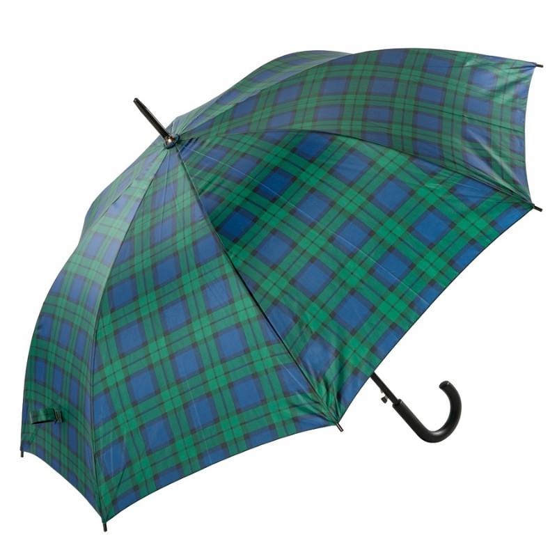 Green and Blue Tartan Walking Umbrella - canopy, angled