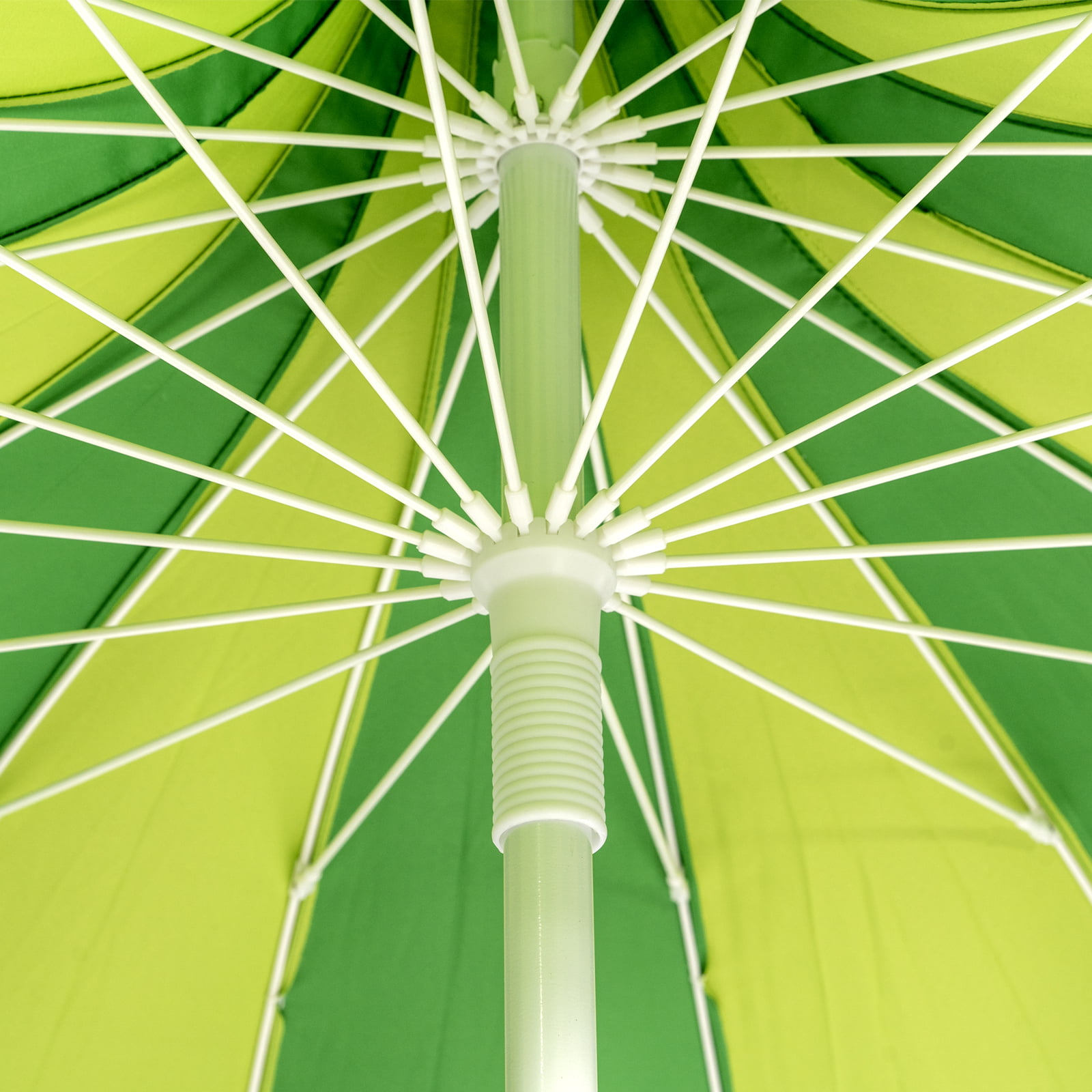 Underside of green and yellow pagoda garden umbrella