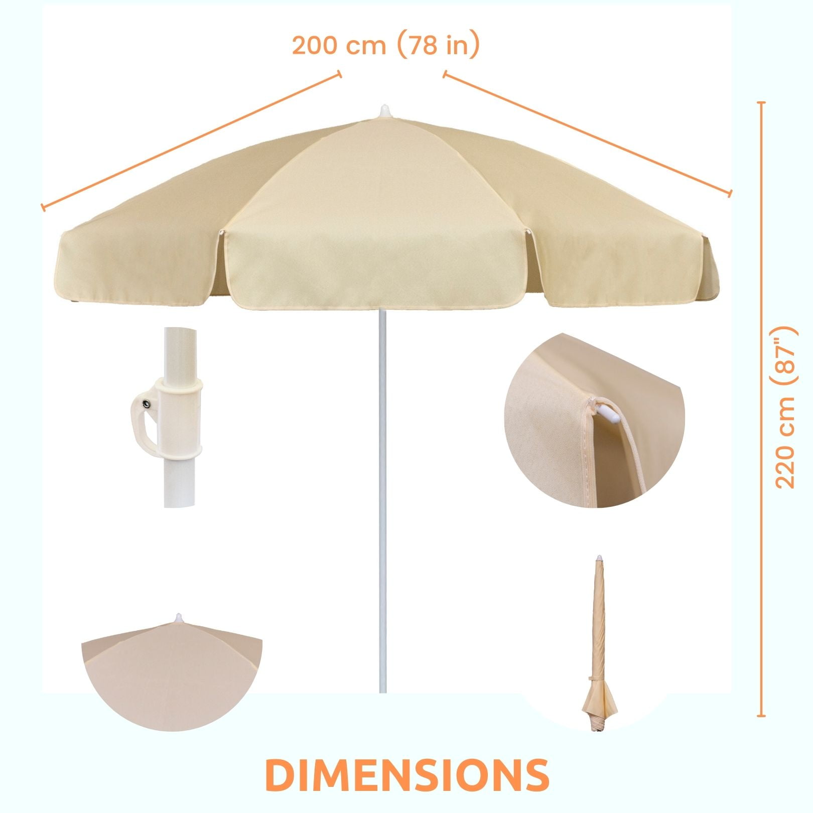 Infographic of beige 2m garden parasol