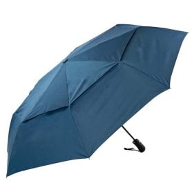 A folding navy golf umbrella, vented to make it windproof!