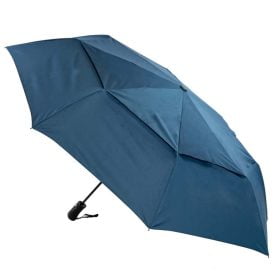 A folding navy golf umbrella, vented to make it windproof!