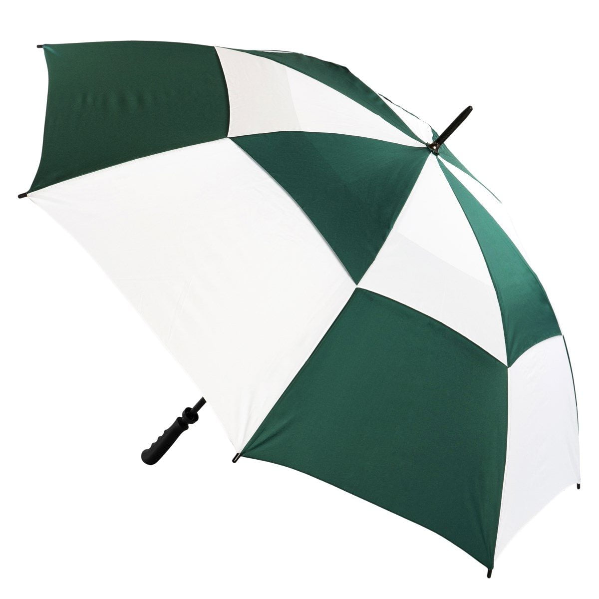 Green & white vented golf umbrella, completely windproof
