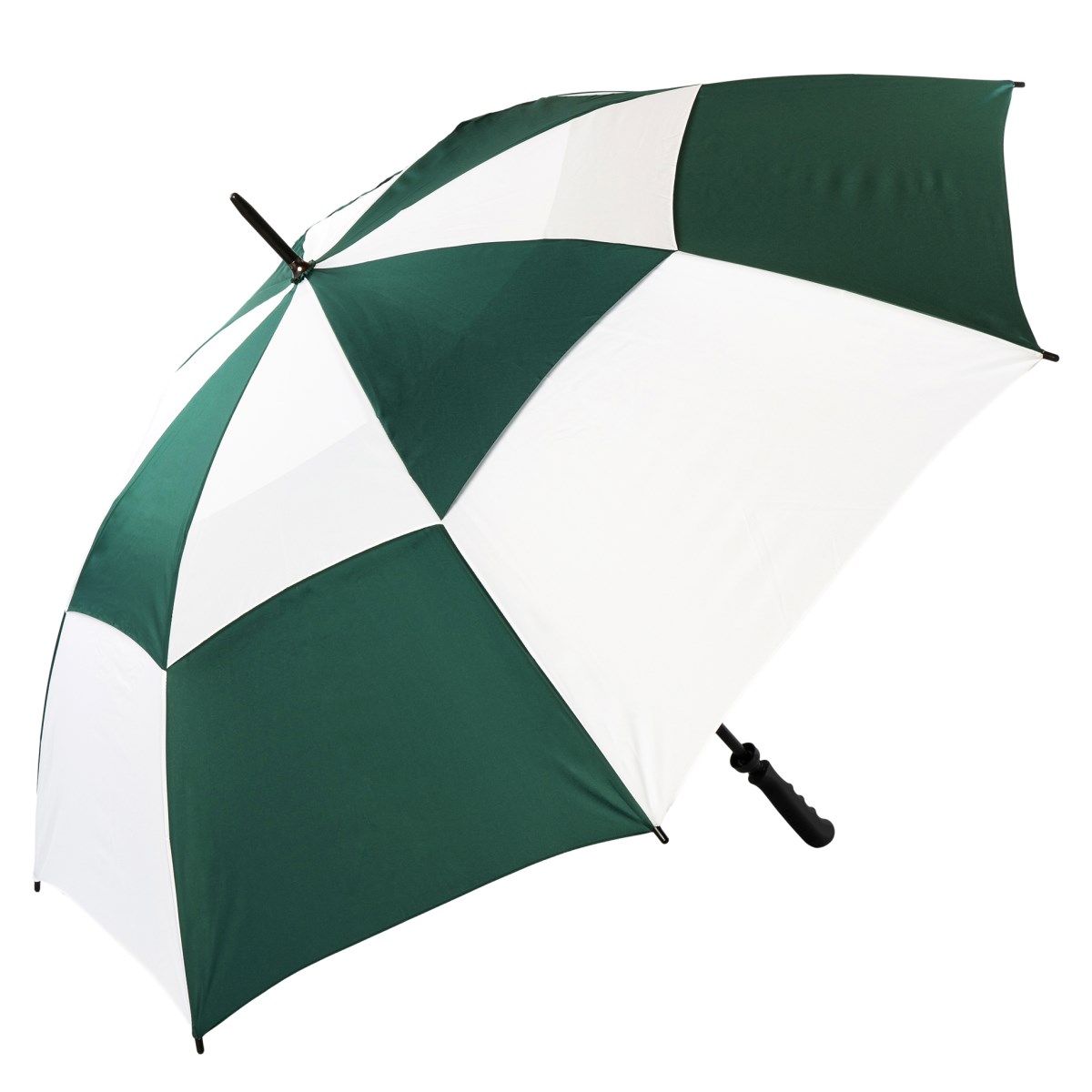 Green & white vented golf umbrella, completely windproof