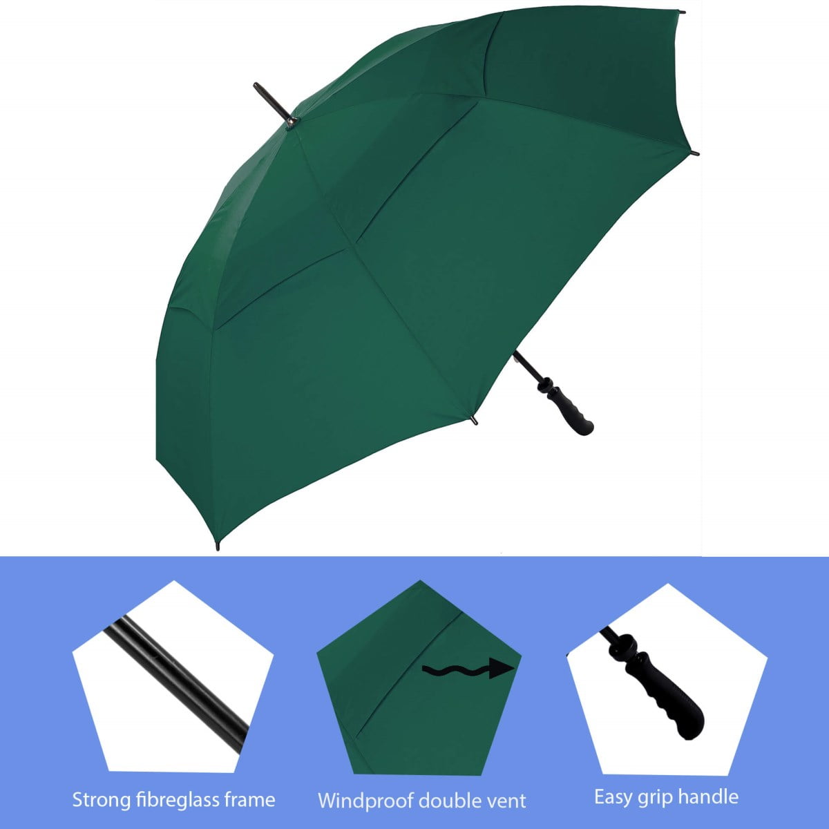 Infographic showing features of Green Vented Golf Umbrella - Windproof