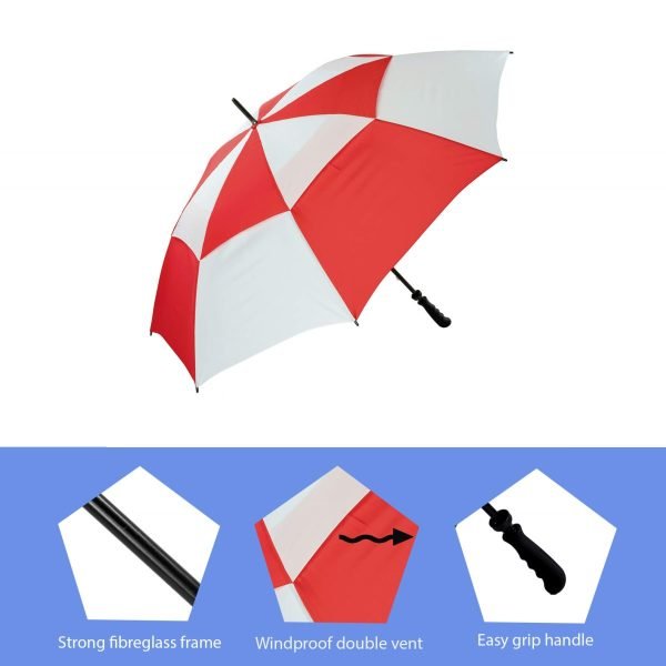 Infographic Showing Features Of Red &Amp; White Vented Golf Umbrella - Windproof