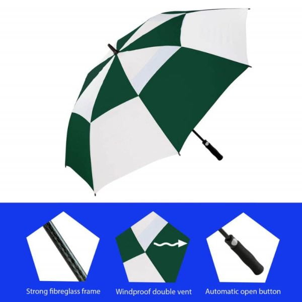 Infographic Showing Features Of Premium Green &Amp; White Golf Umbrella - Vented - Windproof - Auto-Open