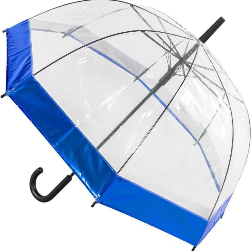 Clear dome umbrella with border available in metallic blue, pink and silver.