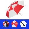 Infographic showing features of Premium Red & White Golf Umbrella - Vented - Windproof - Auto-Open