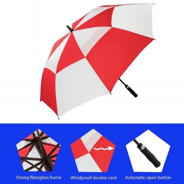 Infographic Showing Features Of Premium Red &Amp; White Golf Umbrella - Vented - Windproof - Auto-Open