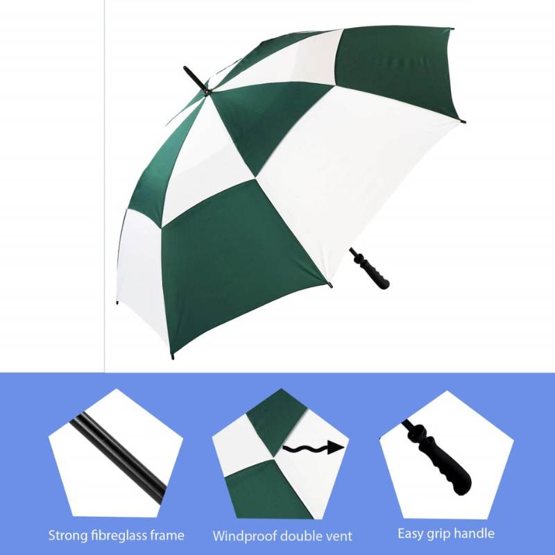 Infographic showing features of Green & White Vented Golf Umbrella - Windproof