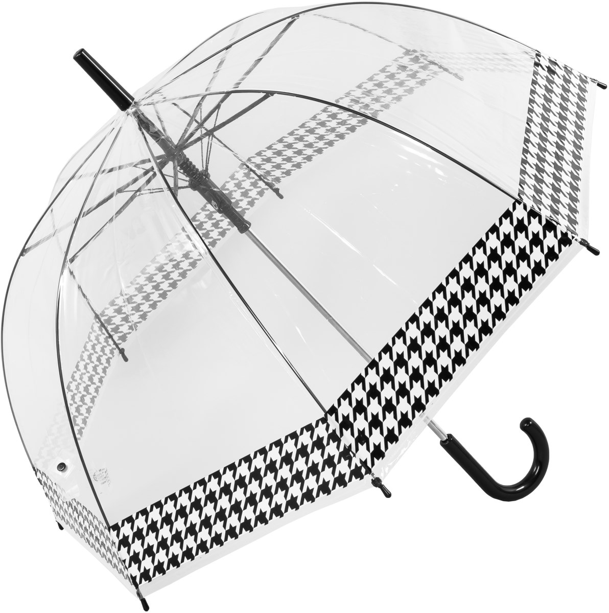The Dogtooth Umbrella - a clear plastic dome umbrella, trimmed with a classic black and white houndstooth printed border