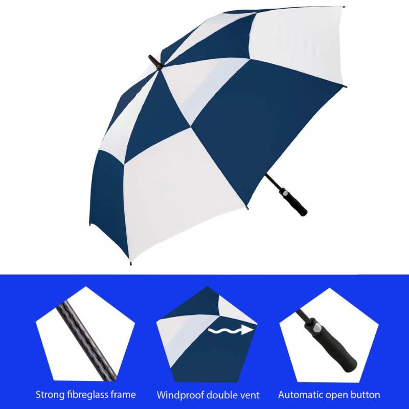 Infographic showing features of Premium Navy & White Golf Umbrella - Windproof - Auto-Open