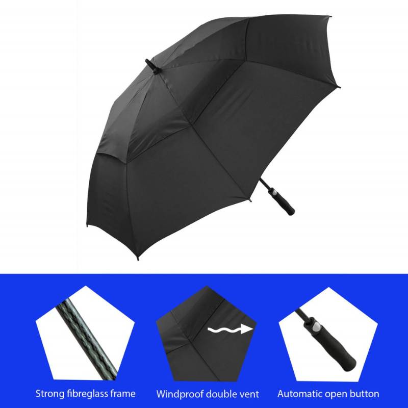 Infographic showing features of Premium Black Windproof Golf Umbrella