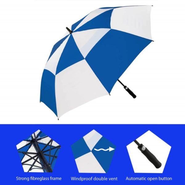 Infographic Showing Features Of Premium Blue &Amp; White Golf Umbrella - Vented - Windproof - Auto-Open