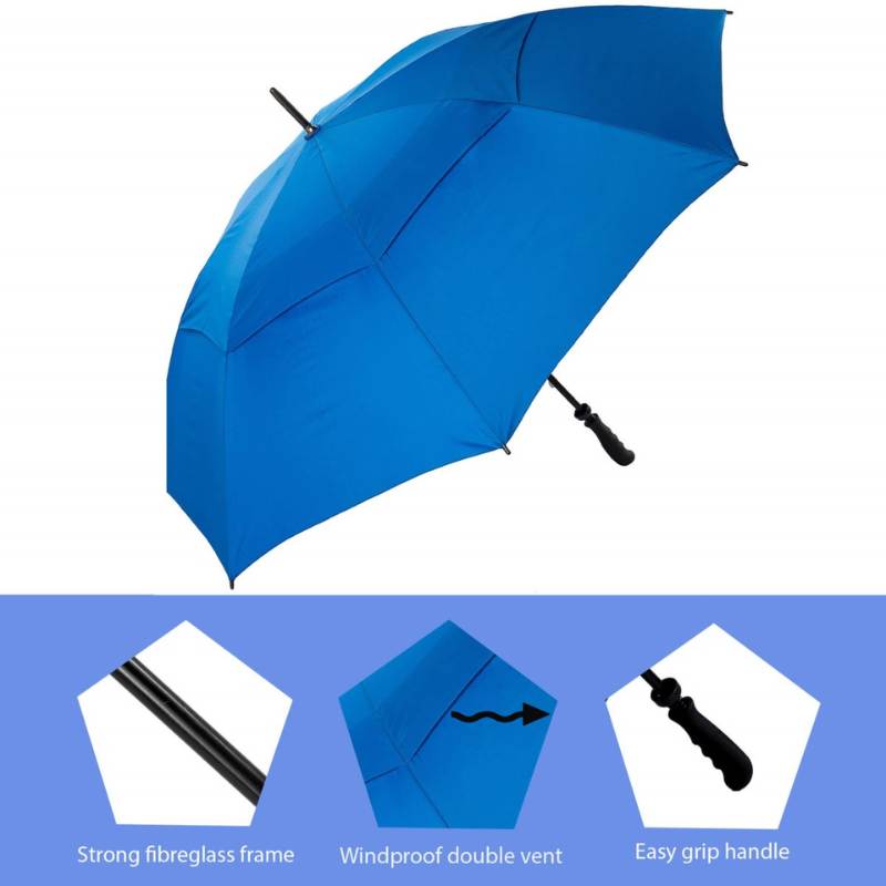 infographic showing features of Royal Blue Vented Golf Umbrella - Windproof