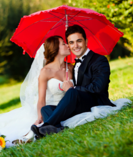 Wedding Couple With Red Umbrella