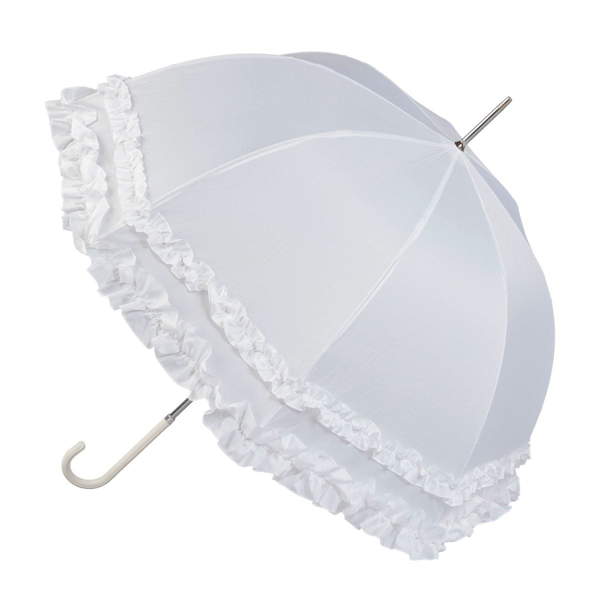 Double Frilled White Umbrella Open Angled