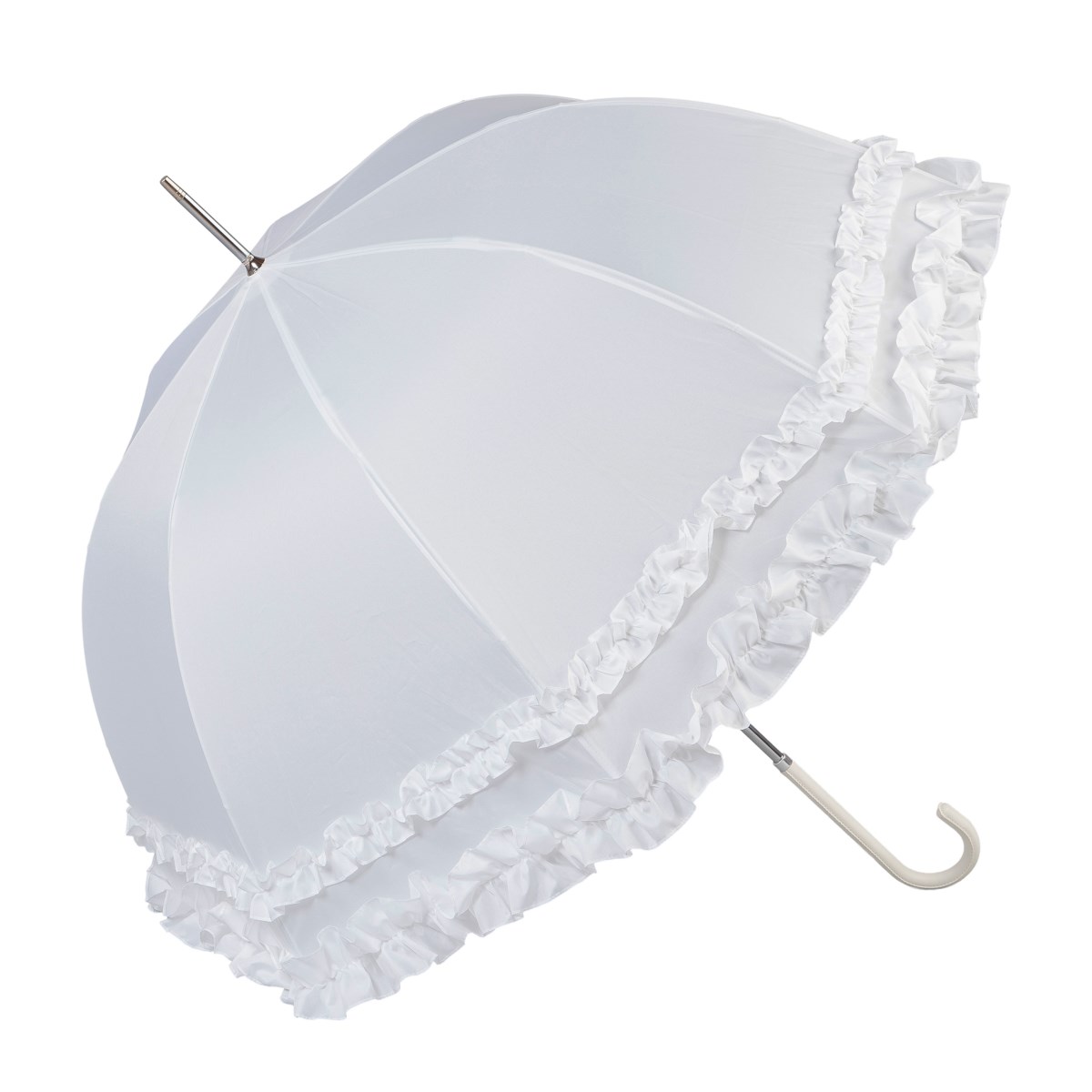 Double Frilled White Umbrella Open Angled