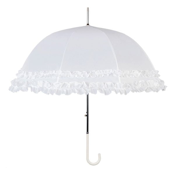 Double Frilled White Umbrella Open Vertical