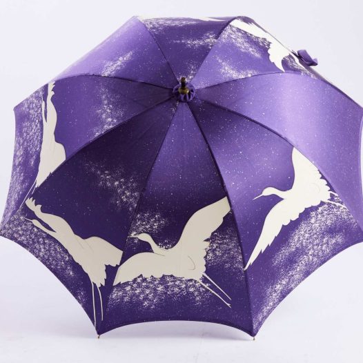 Purple kimono umbrella featuring a crane design