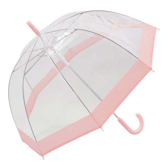 Pastel Pink Bordered Clear Dome Umbrella - open, angled