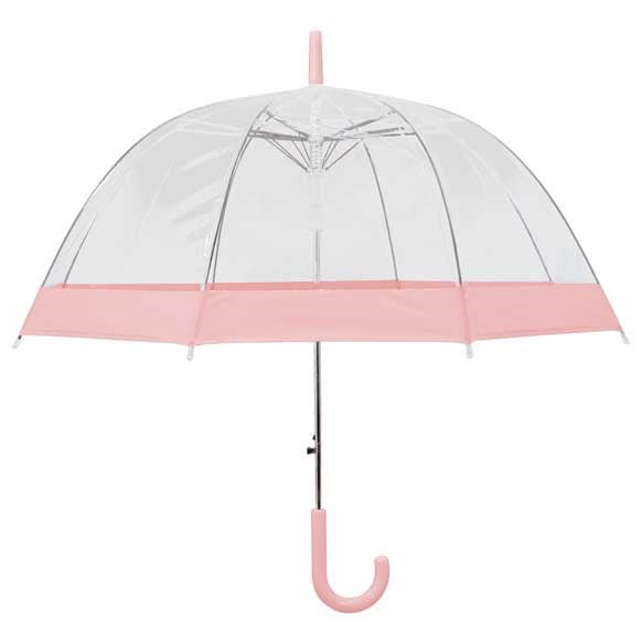 Pastel Pink Bordered Clear Dome Umbrella - open, vertical