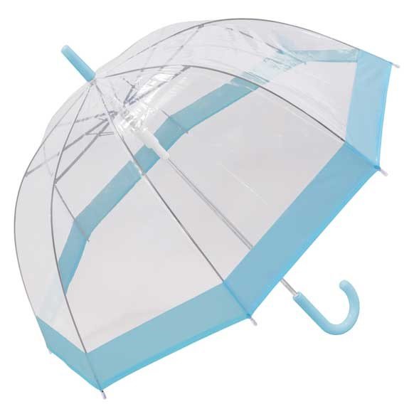 Pastel blue bordered clear dome umbrella, open, angled