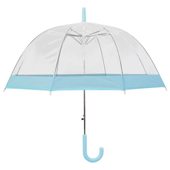 Pastel blue bordered clear dome umbrella - open, vertical